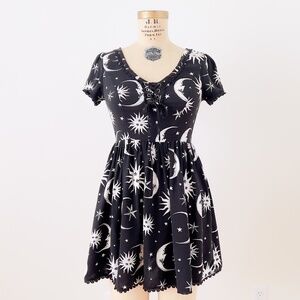 Hot Topic Moon & Star Lace Up Mini Dress Size Small Witchy Babydoll Y2K Goth